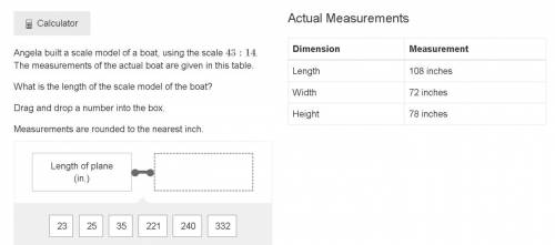 Angela built a scale model of a boat, using the scale 43:14. The measurements of the actual boat ar