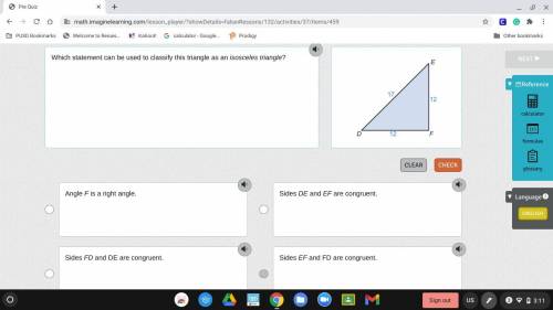 Here is my question

Which statement can be used to classify this triangle as an isosceles triangl