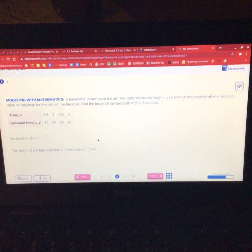 A baseball is thrown up in the air. Write an equation and find the height of the baseball at 1.7 se