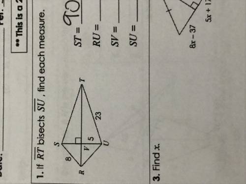 If line RT bisects line SU, find each measure