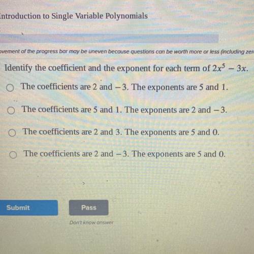 Identify the coefficient and the exponent for each term of 2x^5 -3x