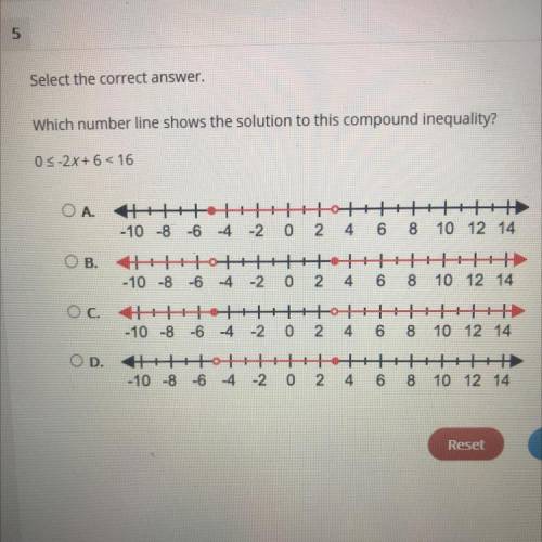 Which number line shows the solution to this compound inequality

05-2x + 6 <16
OA HHH
-10 -8 -