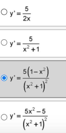 Differentiate y equals the quotient of 5 times x and the quantity x squared plus 1.