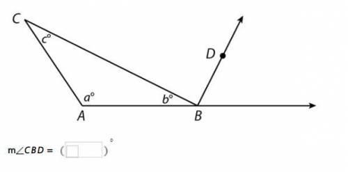 In triangle ABC the measures of its angles are labeled a °, b °, and c °. Ray BD bisects the exteri