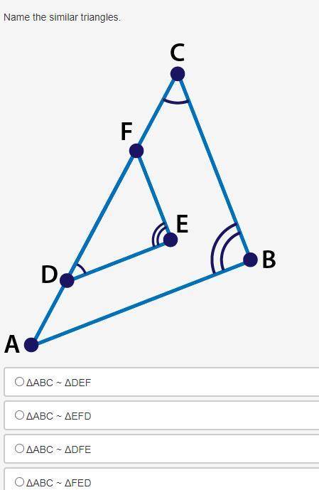 Name the similar triangles. triangles CBA and DEF with angle D congruent to angle C and angle E con