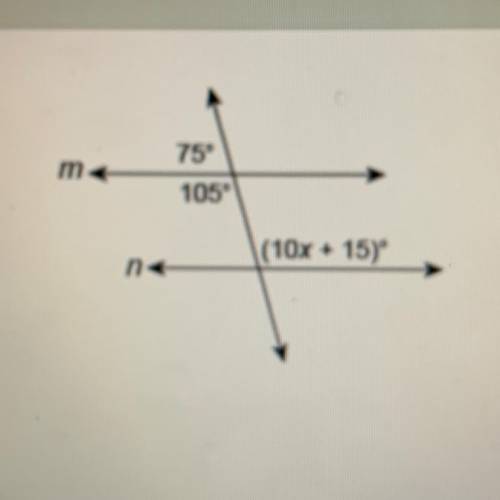 For what value of x is line m parallel to line n?
Enter your answer in the box.
X=