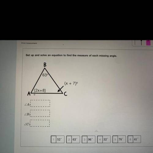 Set up and solve an equation to find the measure of each missing angle.