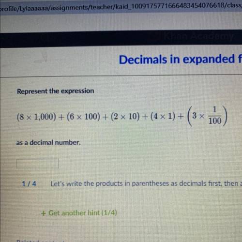 (8 x 1,000) + (6 x 100) + (2 x 10) + (4 x 1) +
(3 x 100)
as a decimal number.