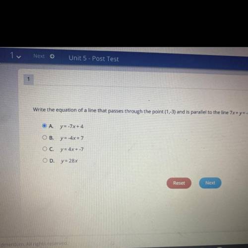 1

Write the equation of a line that passes through the point (1,-3) and is parallel to the line 7