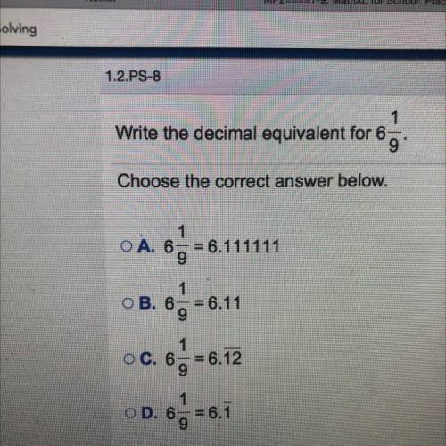 Write the decimal equivalent for 6 1/9