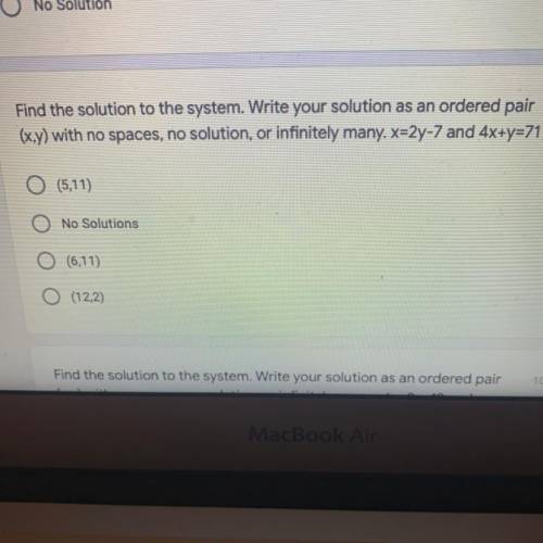 Find the solution to the system. Write your solution as an ordered pair

(x,y) with no spaces, no