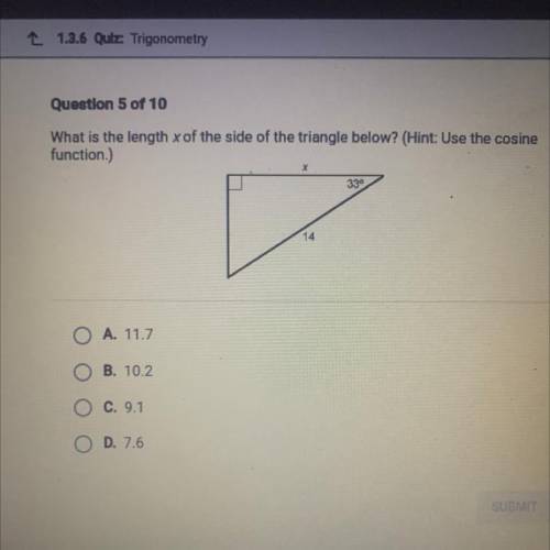 What is the length x of the side of the triangle below? (Hint: Use the
O D. 76