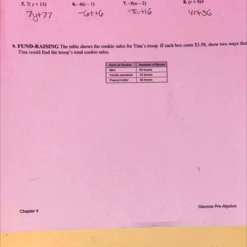 The table shows the cookie sales for Tina's troop. If each box costs $3.50, show two ways that

HE