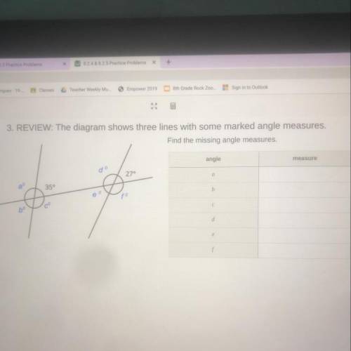 .REVIEW: The diagram shows three lines with some marked angle measures.

Find the missing angle me