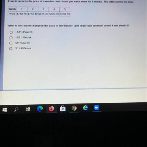 Francis records the price of a washer-and-dryer pair each week for 5 weeks. The table shows his dat