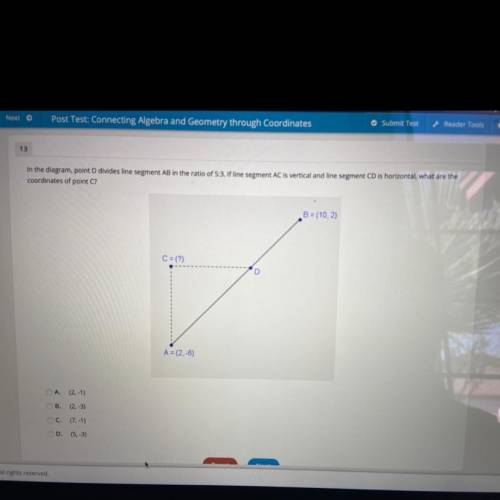 In the diagram, point D divides line segment AB in the ratio of 5:3. If line segment AC is vertical