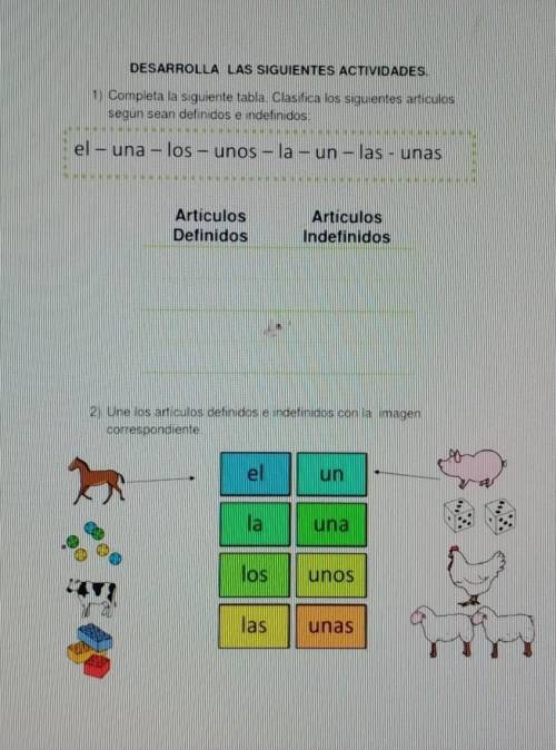 DESARROLLA LAS SIGUIENTES ACTIVIDADES

Completa la siguiente tabla Clasifica los siguientes articu