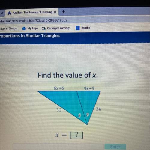 Find the value of x.
6x+6
9x-9
32
24
x = [?]
