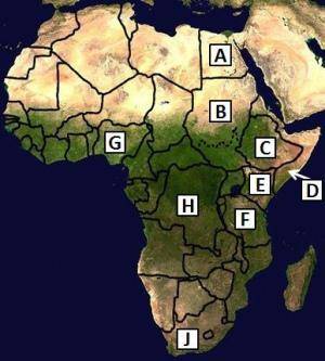 On the map above, the Democratic Republic of the Congo is located at letter _____, and Nigeria is l
