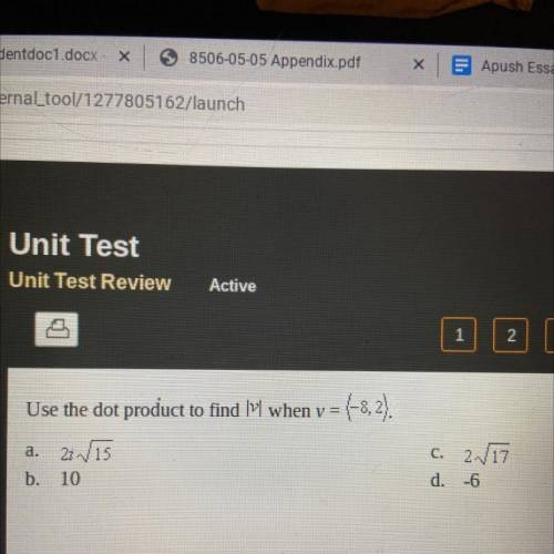 TIMED!!! Use the dot product to find |v| when v=(-8,2)