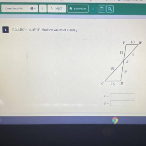 Values of X and Y
if ABC is sim to AVW