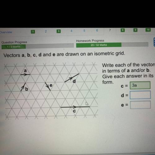 Vectors a, b, c, d and e are drawn on an isometric grid.

a
Write each of the vectors c, d and e
i