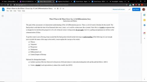 I need help writing a story about how a cell becomes a specilised cell 
(Pic of the rubric)