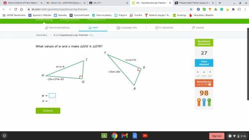 What values of w and x make △GHI≅△STR?