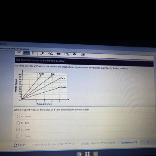 Use the information to answer the question.

Liz types at a rate of 25 words per minute. The graph