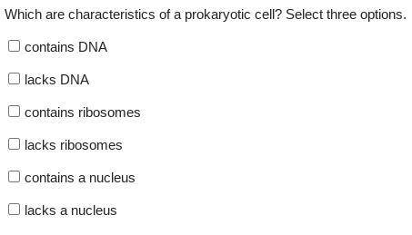 Which are characteristics of a prokaryotic cell? Select three options.