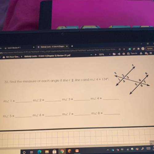 Unit 4 chapter 3 review 1

Geometry 
32. Find the measure of each angle if liner || line s and m&l