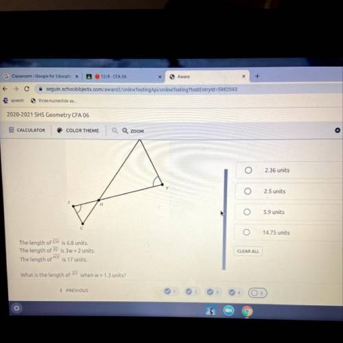 What is the length of XY when w=1.3 units?