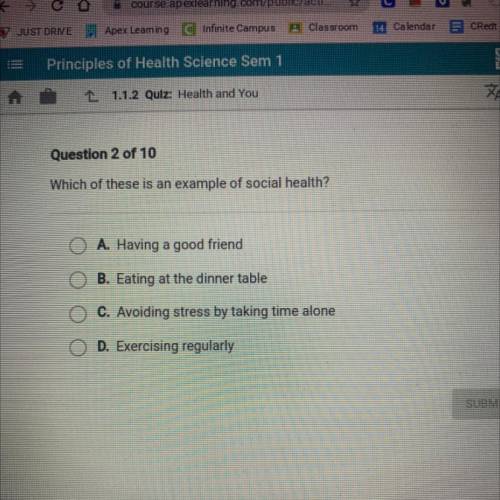 Which of these is an example of social health?