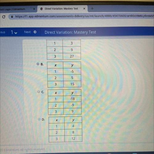 Select the correct answer.
In which table does y vary directly with x?