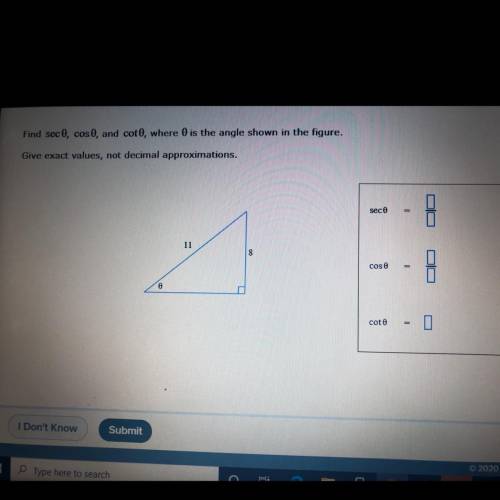 Find secθ, cosθ, and cotθ, where θ is the angle shown in the figure.