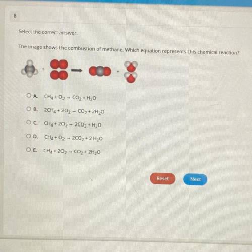 Select the correct answer.

The image shows the combustion of methane. Which equation represents t