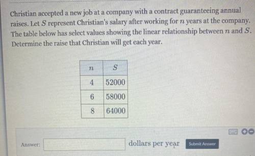 Christian accepted a new job at a company with a contract guaranteeing annual

raises. Let S repre