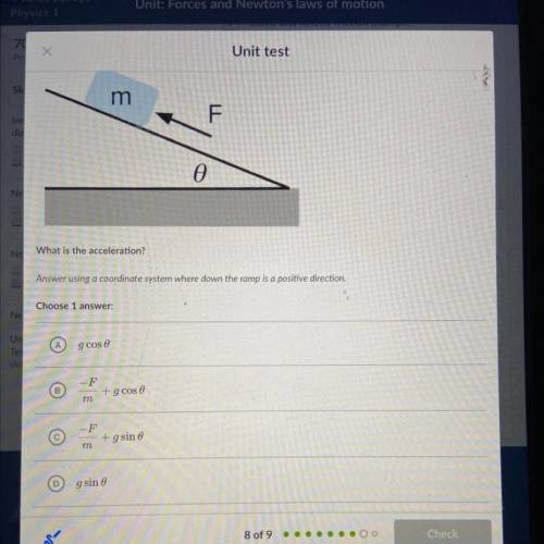 A box of mass m is pushed up a frictionless ramp. The ramp has an angle 0 .

What is the accelerat