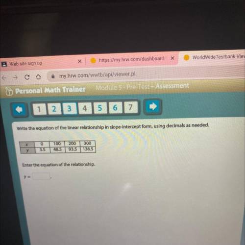 Write the equation of the linear relationship in slope-intercept form, using decimals as needed.