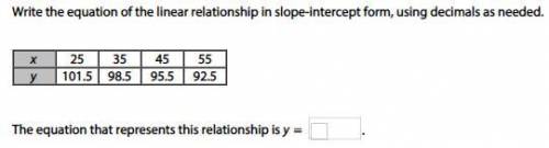 Write the equation of the linear relationship in slope-intercept form, using decimals as needed.