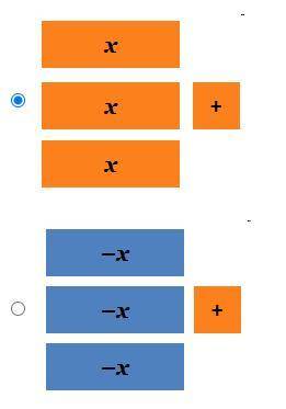 Which set of algebra tiles represents the sentence below;

Carlton earned 3 more stamps.
help
the