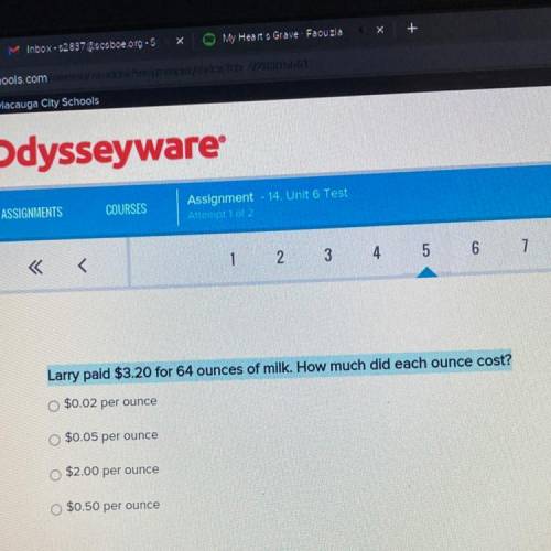 Larry paid $3.20 for 64 ounces of milk. How much did each ounce cost?

A) $0.02 
B) $0.05
C) $2.00