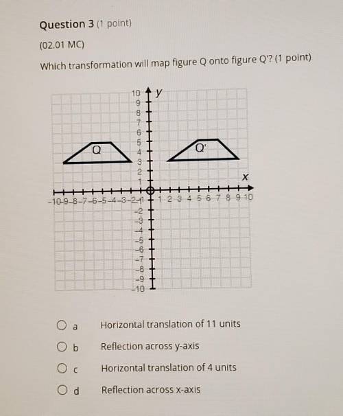 Question 3 (1 point) (02.01 MC) Which transformation will map figure Q onto figure Q? (1 point) 10