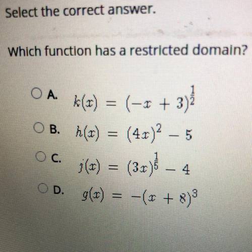 Select the correct answer.
Which function has a restricted domain?