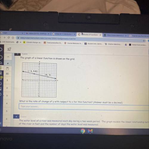 3

1 point
The graph of a linear function is shown on the grid..
у
(-3, 3.6)
1
(5,2)
2
3
4.
What i