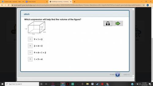 Which expression will help find the volume of the figure?