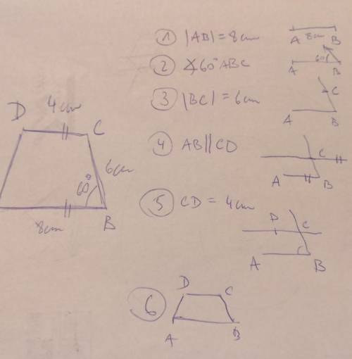 3.Trapezium ABCD in which AB//CD, AB = 8cm ,BC = 6cm ,CD = 4cm and <B=60°.

Who will give correc