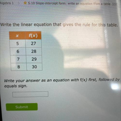 Write the linear equation that gives the rule for this table.

х
f(x)
5
27
6
28
7
29
8
30
Write yo