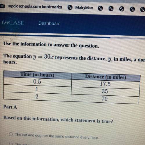 Use the information to answer the question.

The equation y = 30x represents the distance, y, in m