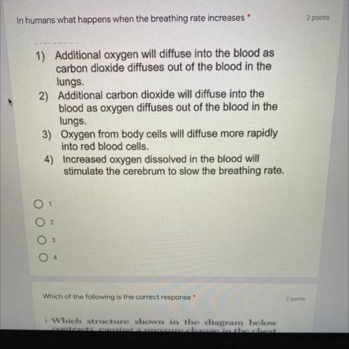 In humans what happens when the breathing rate increases

2 points
1) Additional oxygen will diffu